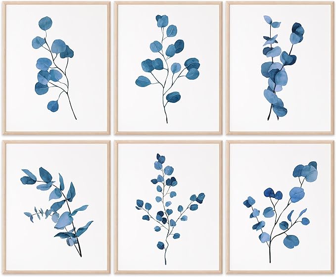 DREAM BIG PRINTABLES Eucalyptus Dark Blue Art Prints (Set of 6) - Unframed - 8x10s | Trendy Botanical Decor for Living Room, Family Room, Bathroom, Office, Nursery - Gift for Gardener, Plant Lover