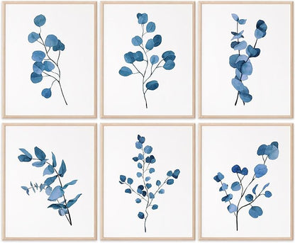 DREAM BIG PRINTABLES Eucalyptus Dark Blue Art Prints (Set of 6) - Unframed - 8x10s | Trendy Botanical Decor for Living Room, Family Room, Bathroom, Office, Nursery - Gift for Gardener, Plant Lover
