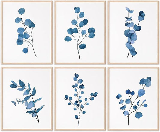 DREAM BIG PRINTABLES Eucalyptus Dark Blue Art Prints (Set of 6) - Unframed - 8x10s | Trendy Botanical Decor for Living Room, Family Room, Bathroom, Office, Nursery - Gift for Gardener, Plant Lover