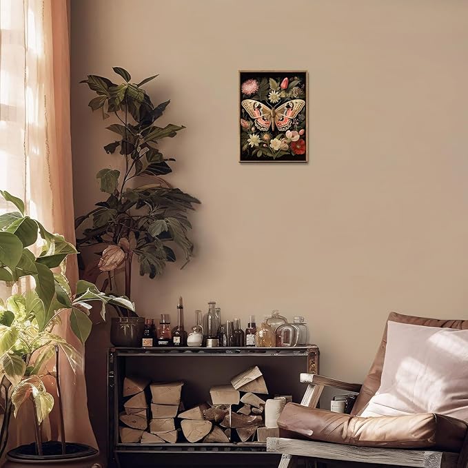 Djmwtb Vintage Framed Wall Art Butterfly Floral Canvas Wall Art Prints Boho Botanical Painting Flower Pictures Wall Decor Artwork for Living Room Bedroom Bathroom Office 8x10in