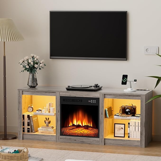 Kucreiheat 58 inch TV Stand with Fireplace-Entertainment Center with LED & Outlet for 65 inch TV-Grey Media Console with Adjustable Glass Shelves, Modern TV Table for Living Room/Bedroom