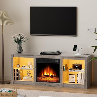 Kucreiheat 58 inch TV Stand with Fireplace-Entertainment Center with LED & Outlet for 65 inch TV-Grey Media Console with Adjustable Glass Shelves, Modern TV Table for Living Room/Bedroom