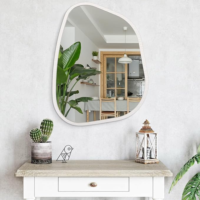 Asymmetrical Mirror Small 26"x18" Irregular Wall Mirror Modern Wood Frame Unique Shape Wall Mounted Vanity Artistic Mirror Decorative for Living Room Bedroom Bathroom Entryway Hallway