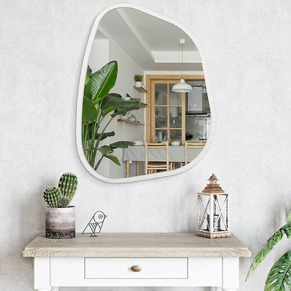 Asymmetrical Mirror Small 26"x18" Irregular Wall Mirror Modern Wood Frame Unique Shape Wall Mounted Vanity Artistic Mirror Decorative for Living Room Bedroom Bathroom Entryway Hallway