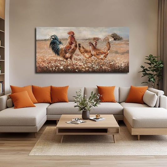 Chicken Pictures Wall Art Flower Pictures Wall Artwork Brown Wall Decorations for Living Room Dining Room Office 29×58 Inches Ready To Hang