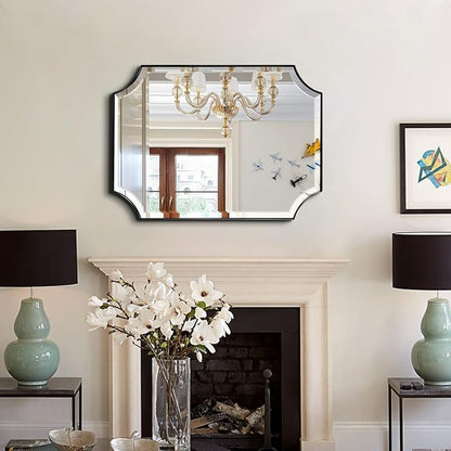 POZINO Rectangle Beveled Mirror, 22"x30" Bathroom Vanity Mirror with Stainless Steel Frame, Modern Aesthetic Scalloped Edge Wall Mirrors for Bedroom Hallway Entryway, Horizontal or Vertical Hanging