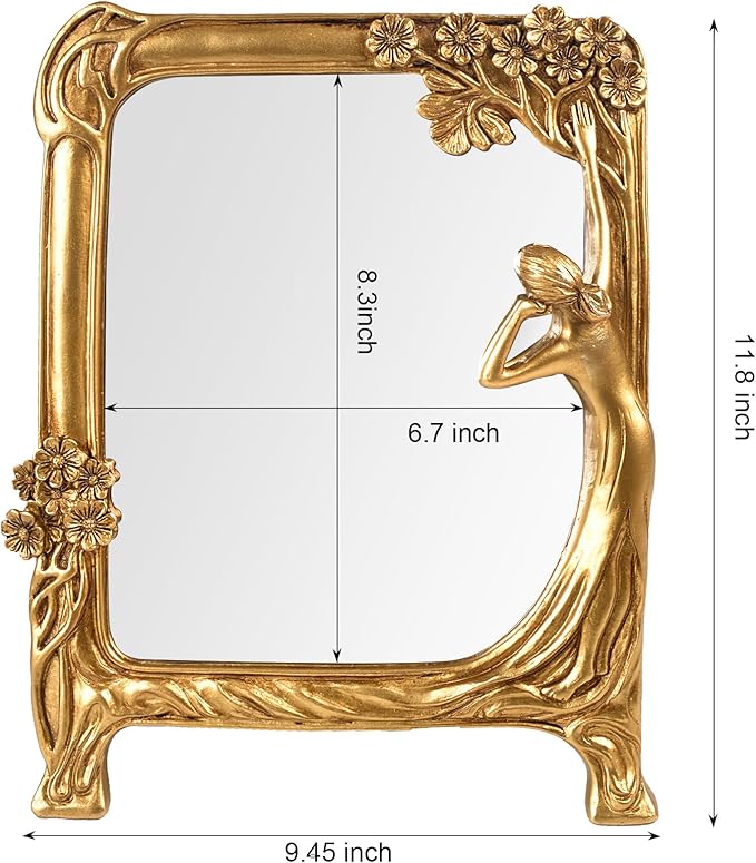 Vintage Gold Mirror Wall Decor - Small Vanity Mirrors, Antique Decorative for Desk Room, Frame Arched Victorian Decoration for Home Table, Standing Framed Gift for Furniture Living Bedroom, Rectangle