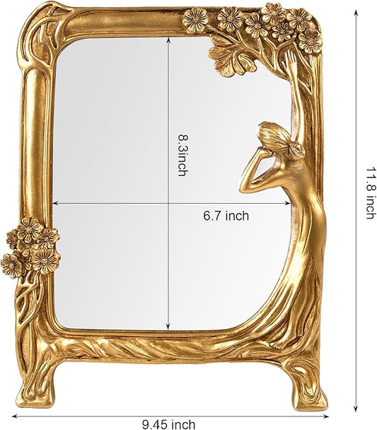 Vintage Gold Mirror Wall Decor - Small Vanity Mirrors, Antique Decorative for Desk Room, Frame Arched Victorian Decoration for Home Table, Standing Framed Gift for Furniture Living Bedroom, Rectangle