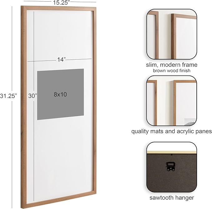 Kate and Laurel Gallery Rectangular Panel Picture Frame Set of 2, 14 x 30 matted to 8 x 10, Brown, Modern Tall Two-Piece Photo Frame Set for Gallery Wall Decor in Living Room Wall Display