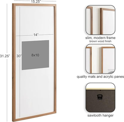 Kate and Laurel Gallery Rectangular Panel Picture Frame Set of 2, 14 x 30 matted to 8 x 10, Brown, Modern Tall Two-Piece Photo Frame Set for Gallery Wall Decor in Living Room Wall Display