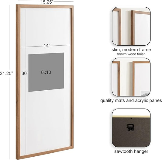 Kate and Laurel Gallery Rectangular Panel Picture Frame Set of 2, 14 x 30 matted to 8 x 10, Brown, Modern Tall Two-Piece Photo Frame Set for Gallery Wall Decor in Living Room Wall Display