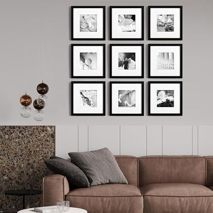 Yaetm 10x10 Picture Frames Black Set of 9, Square 10x10 Frame Displays 6x6 with Mat or 10 x 10 without Mat, Gallery Wall Frames for Wall Hanging (9 Pack, Black)