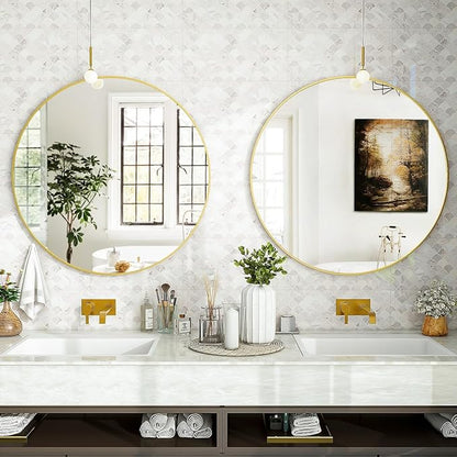 VooBang Gold Round Bathroom Mirror, 24 inch Circle Wall Mounted Hanging Mirror with Simple Modern Circular Metal Frame for Hallway, Entryway, Living Room, Gold Frame