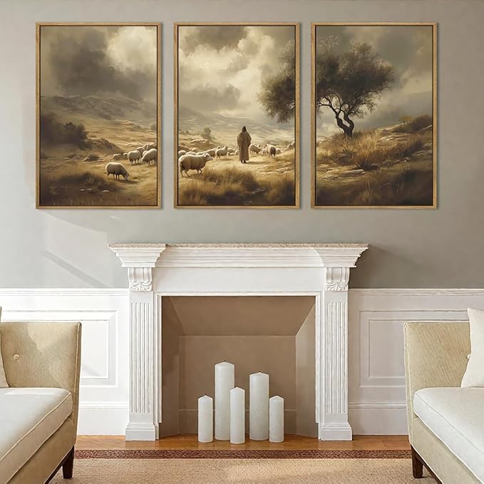 HPNIUB Jesus Leaves the 99 Sheep Framed Wall Art Set,Lost Lamb Religious Wall Decor,Neutral Christian Scripture Art Print,Vintage Inspiring Good Shepherd Artwork for for Church Room Christian Faith Gift-16''x24''x3
