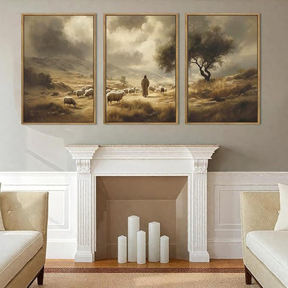 HPNIUB Neutral Jesus Leaves the 99 Sheep Framed Wall Art Set,Easter Lost Lamb Christian Religious Wall Decor, Vintage Inspiring Good Shepherd Artwork for Church Room Christian Faith Gift-24''x36''x3