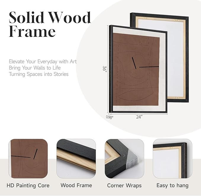 Framed Brown Abstract Wall Art for Living Room, 3 Piece Large Black and White Modern Canvas Artwork for Walls, Neutral Brown Abstract Prints Pictures Paintings Stairway Hallway Wall Decor, 24x36 Inch