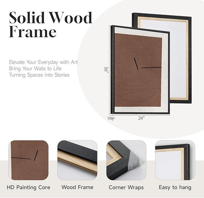 Framed Brown Abstract Wall Art for Living Room, 3 Piece Large Black and White Modern Canvas Artwork for Walls, Neutral Brown Abstract Prints Pictures Paintings Stairway Hallway Wall Decor, 24x36 Inch