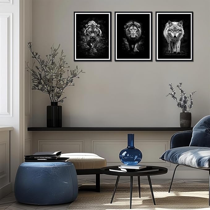 Black White Wild Beasts Framed Canvas Wall Art Set of 3 Tiger Lion Wolf Decor for Office Nursery Living Room Bedroom Modern Wildlife Animals Print Artwork Wall Decor Easy to Hand 12x16inchx3pcs