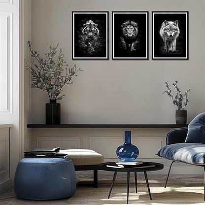 Black White Wild Beasts Framed Canvas Wall Art Set of 3 Tiger Lion Wolf Decor for Office Nursery Living Room Bedroom Modern Wildlife Animals Print Artwork Wall Decor Easy to Hand 12x16inchx3pcs