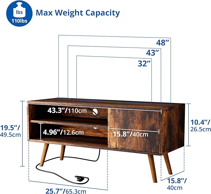Cozy Castle TV Stand for 48-55 Inch TV, Mid Century Modern Entertainment Center with Storage Cabinet, TV Media Console with Charging Station for Living Room (Brown, 43.3" W x 15.7" D x 19.5" H)