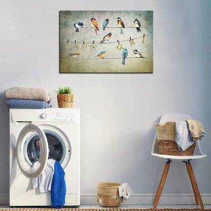 Biuteawal Laundry Room Canvas Wall Art Bird Picture Painting Prints Vintage Artwork Funny Laundry Sign Decor Home Bathroom Wall Decoration Gallery Wrap Ready to Hang