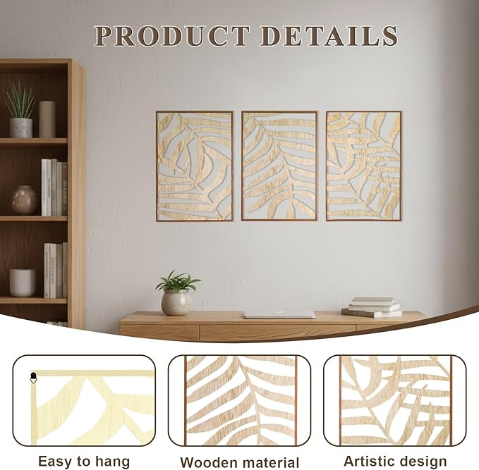 Jinzhenhong 3Pcs Modern Wooden Wall Sculptures, Leaf Sign Vintage Tropical Plant Wall, Wood Rustic Palm Leaf Wall Art Decor for Living Room Bathroom Bedroom Office (Leaf 2 Light Brown)