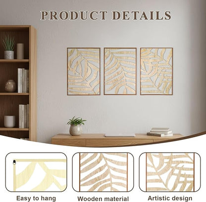 Jinzhenhong 3Pcs Modern Wooden Wall Sculptures, Leaf Sign Vintage Tropical Plant Wall, Wood Rustic Palm Leaf Wall Art Decor for Living Room Bathroom Bedroom Office (Leaf 2 Light Brown)