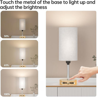 Bedside Lamp with Charging Station 74W【2 * 3.94ft Retractable Cords & 2 USB Ports】, 3 Way Dimmable Touch Lamps for Nightstand with LED Bulb, Small Desk Lamp, Set of 2, Yellow Wood Grain