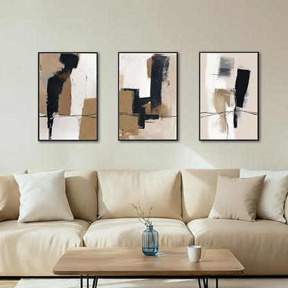 SAFERRYHOME Neutral Abstract Wall Art Tan and Black Framed Canvas Print Set, Mid-Century Modern Brown Minimalist Shapes for Living Room, Bedroom, Office - Ready to Hang - Set of 3, 16x24 Inch