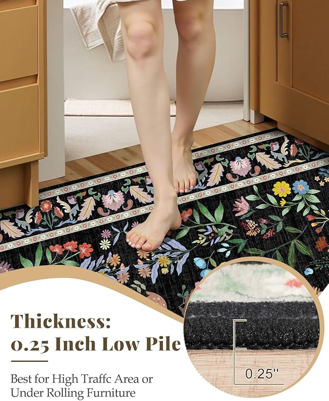 Black Floral 2'6"x8' Washable Non Slip Runner Rugs for Hallways, Non Skid Stain Resistant Rug Runners for Kitchen, Entryway, Mudroom - Dark Floral Cottagecore Home Decor