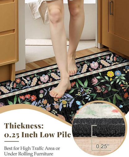 Black Floral 2'6"x8' Washable Non Slip Runner Rugs for Hallways, Non Skid Stain Resistant Rug Runners for Kitchen, Entryway, Mudroom - Dark Floral Cottagecore Home Decor