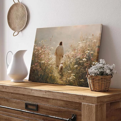 Jesus Leaves the 99 Sheep Wall Art The Lost Sheep Bible Stories Painting picture Wall Decor religion Christian Wildflowers Poster Print Artwork for Church LDS bedroom Living Home Decor 12x16 in Canvas
