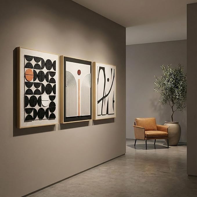 Large 3D Textured Framed Abstract Wall Art for Living Room, 3 Piece Modern Boho Artwork for Walls, Black White Orange Geometric Sandstone Texture Pictures for Hallway Office Home Decor 24x36 In