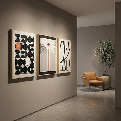 Large 3D Textured Framed Abstract Wall Art for Living Room, 3 Piece Modern Boho Artwork for Walls, Black White Orange Geometric Sandstone Texture Pictures for Hallway Office Home Decor 24x36 In