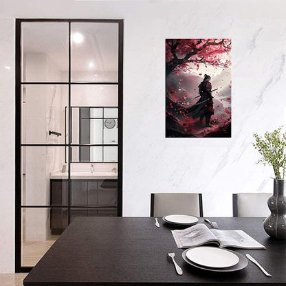 Japanese Samurai Wall Art Japan Warrior Plum Painting Canvas Prints Black and Red Picture Modern Watercolor Painting for Bedroom Living Room Office Home Decoration Framed (18''W x 24''H)