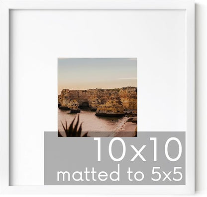 HAUS AND HUES 10x10 White Metal Frame Matted to 5x5 - Vertical & Horizontal Hanging, Shatterproof Plexiglass - Ideal for Home, Room, Office (10x10 in, White, Set of 1)
