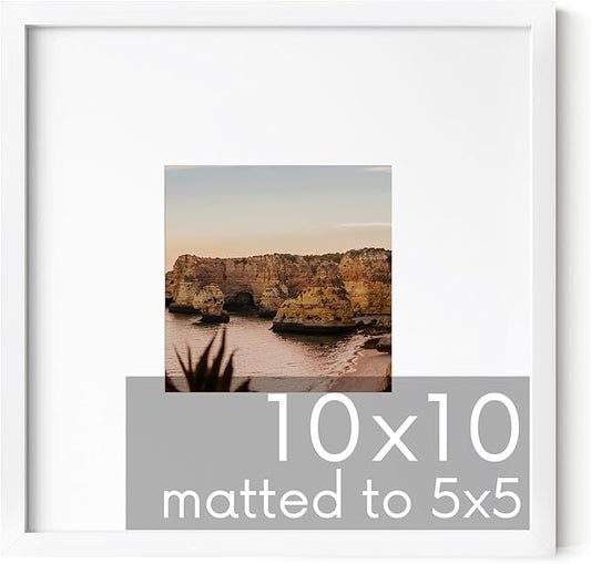 HAUS AND HUES 10x10 White Metal Frame Matted to 5x5 - Vertical & Horizontal Hanging, Shatterproof Plexiglass - Ideal for Home, Room, Office (10x10 in, White, Set of 1)