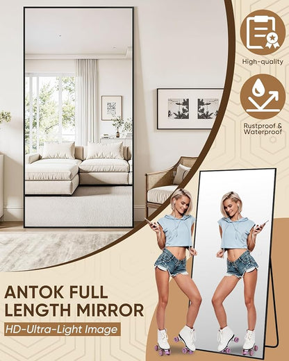 Antok 76''x34'' Full Length Mirror, Shatterproof HD Oversized Floor Mirror with Stand, Aluminum Alloy Frame Leaning Standing or Wall Mounted Mirror for Bedroom Living Room Entryway, Black