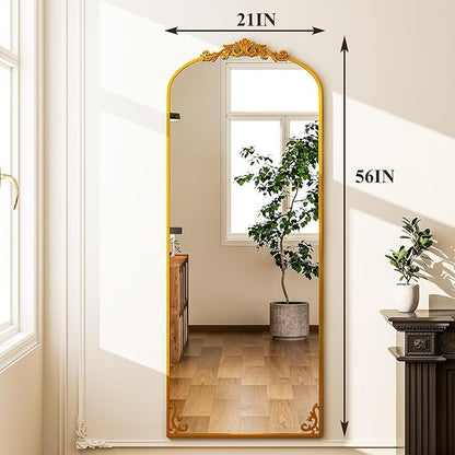 GLSLAND 56"x21" Vintage Full Length Mirror - Carved Arched Floor Standing Mirror, Baroque Full Body Mirrors for Bedroom Living Room Entryway, Gold Frame