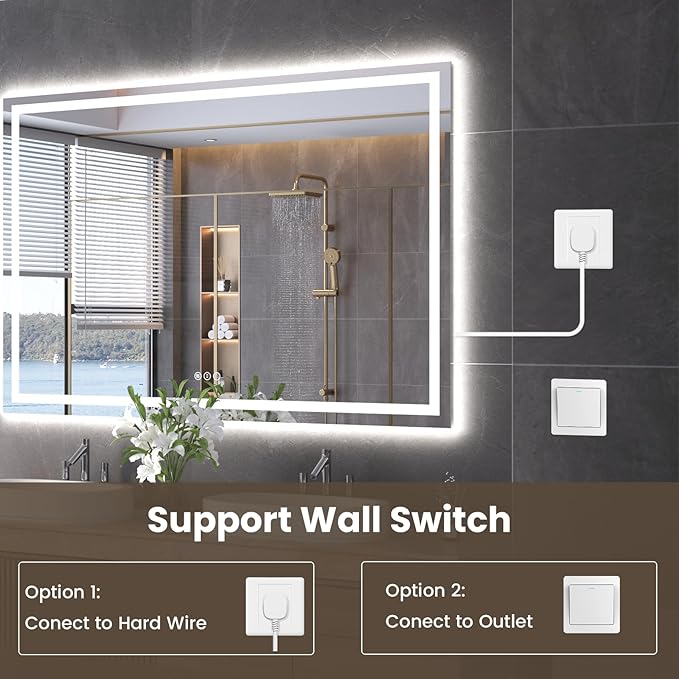 Snowdool 60"X40" LED Bathroom Mirror with Front Lights and Backlit, Anti-Fog, Dimmable, Shatter-Proof Tempered Glass, Lighted Bathroom Vanity Mirror for Wall with 3 Colors, Memory Function
