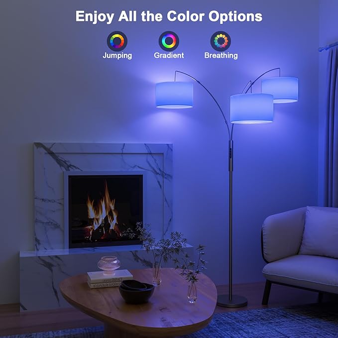 SIBRILLE 36W RGB Arc Floor Lamp with 3 Fabric Shades, 3000LM Super Bright Standing Lamp with Remote Control & Touch, Stepless Dimming, Individual Light Control for Living Room, Bedroom