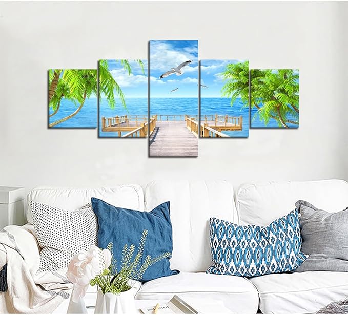 Landscape Seagulls Palm Scene Picture Modern Painting on Canvas 5 Panels Framed Wall Art for Living Room Bedroom Kitchen Home Decor Stretched Gallery Canvas Wrap Giclee Print (50’’W x 24’’H)