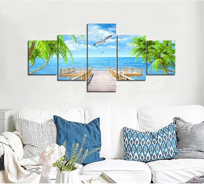 Landscape Seagulls Palm Scene Picture Modern Painting on Canvas 5 Panels Framed Wall Art for Living Room Bedroom Kitchen Home Decor Stretched Gallery Canvas Wrap Giclee Print (50’’W x 24’’H)