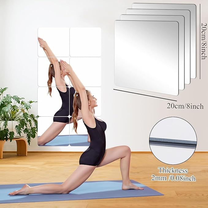 JUNEBRUSHS 4 Pack Self Adhesive Acrylic Mirror, 8 x 8 Inch Mirror Tiles,Flexible Plastic Mirror Sheets Wall Stickers,2MM Thick Mirrors