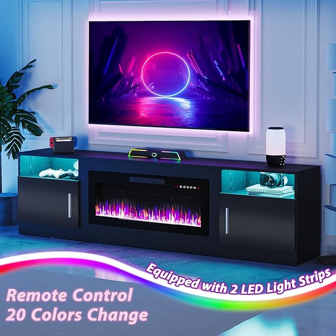 TAVATA Fireplace TV Stand, 80 inch TV Stands for Living Room with 36" Fireplace, Modern Entertainment Center with LED Light for TVs Up to 90", Media Console with Highlight Storage Cabinets (Black)