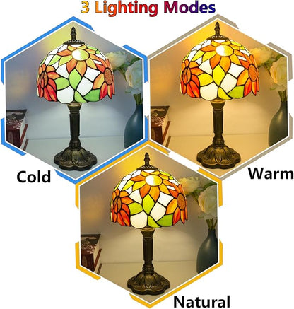 Tiffany Style Table Lamp, 3 Color Temperatures Bedside Lamp, 8 Inch Stained Glass Desk Light for Home Office Bedroom Living Room (Sunflower Pattern)