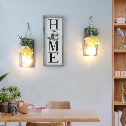 Modern Farmhouse Wall Decor, Country Wall Decor for Bedroom, Living Room, Kitchen, Rustic Wall Art with Led Fairy Lights & Rose Flowers, Wall Art Set of 2, Large Grey