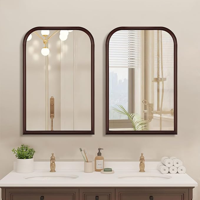 Wood Bathroom Mirror for Wall,Arched 24 x 36 inch Hanging Vanity Dark Brown Tempered Mirrors with Rounded Corner for Living Room,Bedroom,Entryway