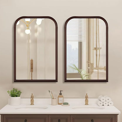 Wood Bathroom Mirror for Wall,Arched 24 x 36 inch Hanging Vanity Dark Brown Tempered Mirrors with Rounded Corner for Living Room,Bedroom,Entryway