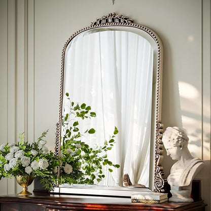 28"×40" Silver Wide Arched Wall Mirror, Vintage Carving Bathroom Vanity Makeup Mirror, as Wall Decor Hanging Leaning for Fireplace Mantle, Living Room, Bedroom, Vanity Area